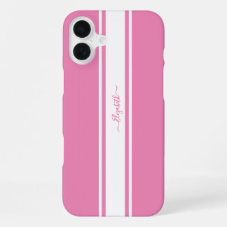 ピンクホワイトレーシングストライプスモノグラムのシッガーリーク iPhone 16 PLUSケース