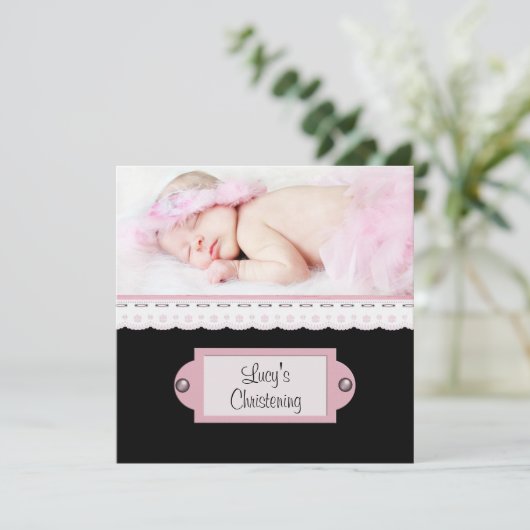 ピンクホワイトレースピンクブラックガールフォト《キリスト教》洗礼式や命名式 招待状 (スタンド正面)