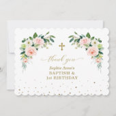 ピンクホワイトローズガール1stバースデーバプテスマ サンキューカード (正面)