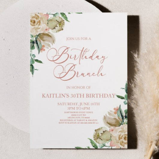 ピンクホワイトローズフラワーズ誕生日ブランチパーティー 招待状