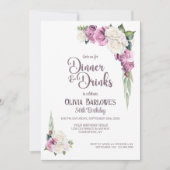 ピンクホワイトローズフローラディナーアンドドリンク誕生日 招待状 (正面)