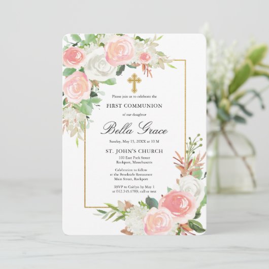 ピンクホワイトローズフローラ初の聖体拝領 招待状 (スタンド正面)