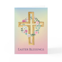 ピンクホワイトローズリース木製クロスイースターカード