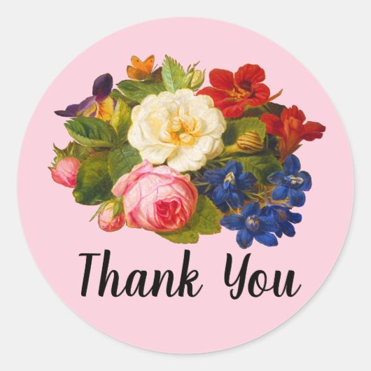 ピンクホワイトローズレッドオレンジブルーフローラ蝶 ラウンドシール (正面)