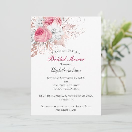 ピンクホワイトローズ金ゴールドフローラトレンディーブライダルシャワー 招待状 (スタンド正面)