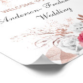 ピンクホワイトローズ金ゴールド結婚フローラのウェルカムサイン ポスター (角)