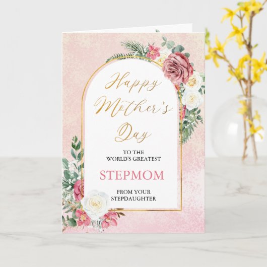 ピンクホワイトローゼオーキッドハッピーマザーズデイ継母 カード (黄色い花)