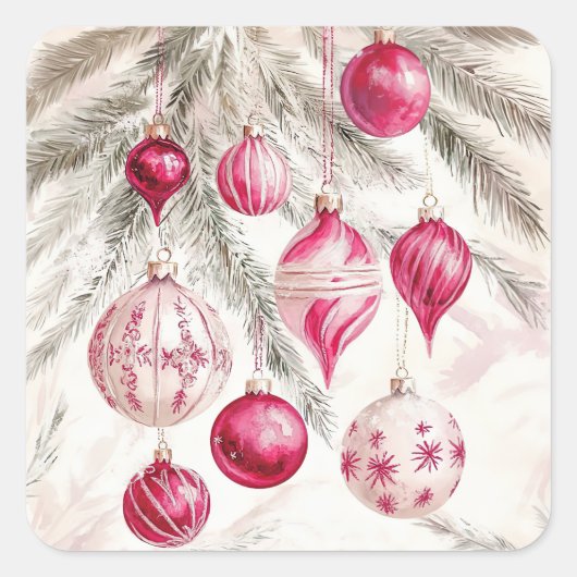 ピンクホワイトヴィンテージオーナメントクリスマスステッカー スクエアシール (正面)
