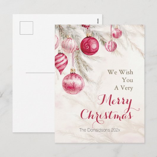 ピンクホワイトヴィンテージオーナメントクリスマス シーズンポストカード (正面/裏面)