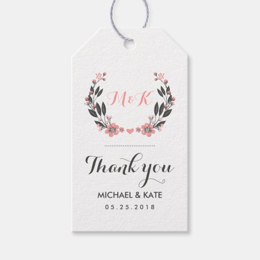 ピンクホワイトヴィンテージフラワーリース結婚ズギフトラベル ギフトタグ (正面)