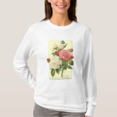 ピンクホワイトヴィンテージ植物学バラ Tシャツ (正面)