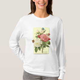 ピンクホワイトヴィンテージ植物学バラ Tシャツ