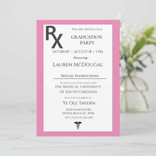 ピンクホワイト医療処方箋パッドの卒業 招待状 (スタンド正面)