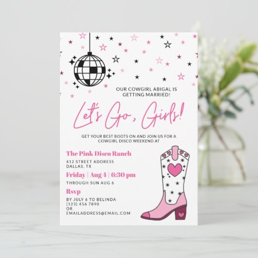 ピンクホワイト女性のカーボーイディスコバチェロレッテ 招待状 (スタンド正面)