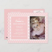ピンクホワイト水玉模様ガールバースデーパーティー招待状 ポストカード (正面/裏面)