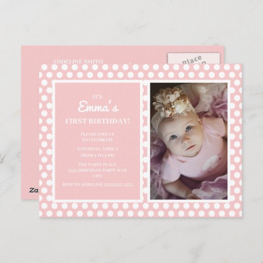 ピンクホワイト水玉模様ガールバースデーパーティー招待状 ポストカード (正面/裏面)