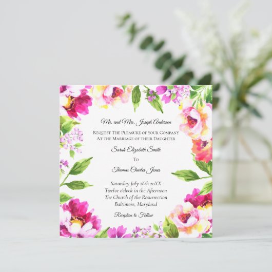 ピンクホワイト牡丹フローラ緑のエレガントな結婚式 招待状 (スタンド正面)