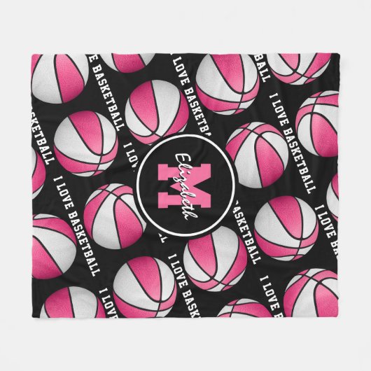 ピンクホワイト私はバスケットボールの女の子のスポーツルームが大好き フリースブランケット (正面(横))