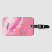 ピンクホワイト金ゴールドアゲート&金ゴールドスター、DIYネームブラック ラゲッジタグ (正面横)