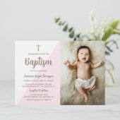 ピンクホワイト金ゴールドクロスバプテスマのベビーガールの写真 招待状 (スタンド正面)