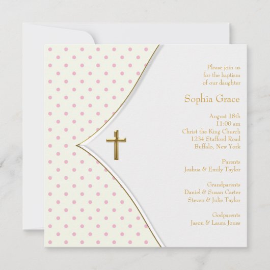 ピンクホワイト金ゴールドクロスベビーガール《キリスト教》洗礼式や命名式 招待状 (正面)