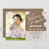 ピンクホワイト金ゴールドスペインのバウティゾバプテスマ誕生日 招待状 (正面/裏面)