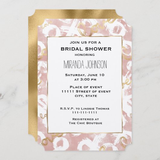 ピンクホワイト金ゴールドラブXOブライダルシャワー 招待状 (正面/裏面)