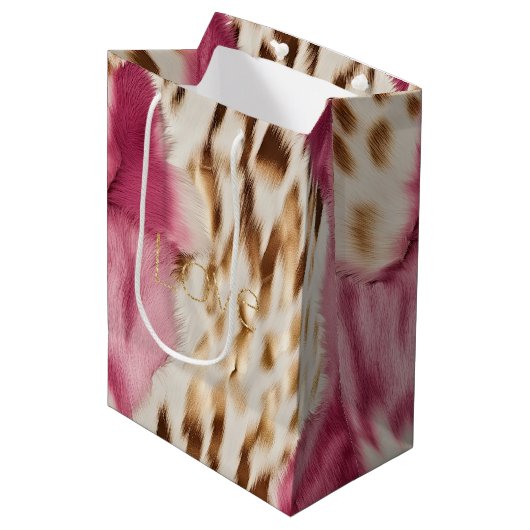 ピンクホワイト金ゴールド南西女性のカーボーイグリッターラブ ミディアムペーパーバッグ (正面アングル)