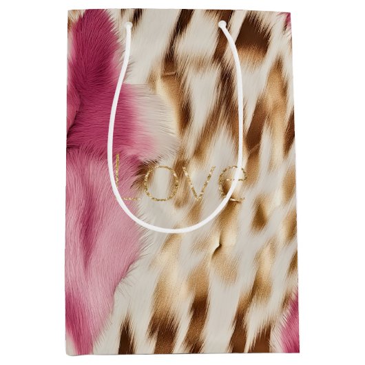 ピンクホワイト金ゴールド南西女性のカーボーイグリッターラブ ミディアムペーパーバッグ (正面)