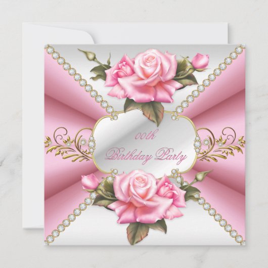 ピンクホワイト金ゴールド美しい誕生日パーティー 招待状 (正面)