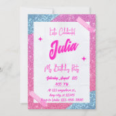 ピンクホワイト&グリッターガールバースデーパーティー 招待状 (正面)