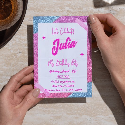 ピンクホワイト&グリッターガールバースデーパーティー 招待状