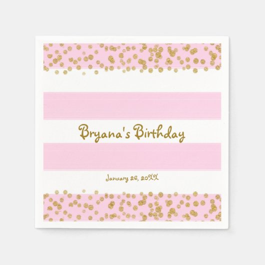 ピンクホワイト&金ゴールド紙吹雪バースデーパーティナプキンス スタンダードカクテルナプキン (正面)