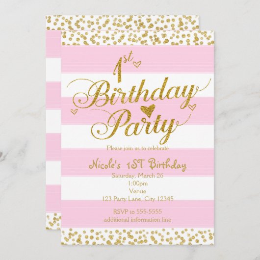 ピンクホワイト&金ゴールド1歳の誕生日パーティの招待状 招待状 (正面/裏面)