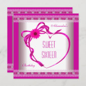 ピンクホワイトSweet sixteen16誕生日ハートボウ3 招待状 (正面/裏面)