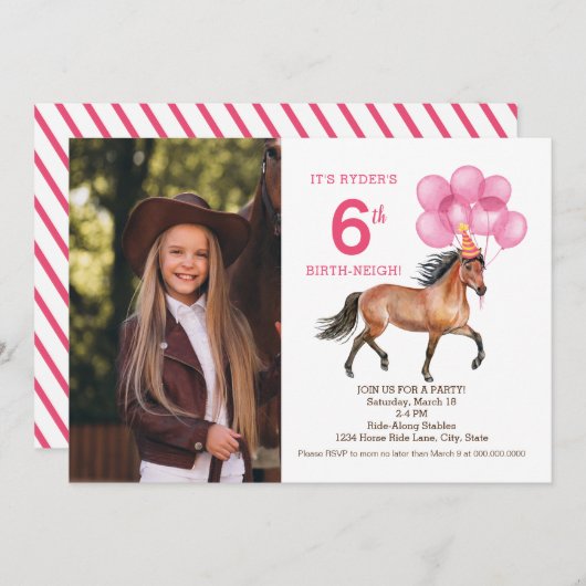 ピンクホースの誕生日の写真の招待状 招待状 (正面/裏面)