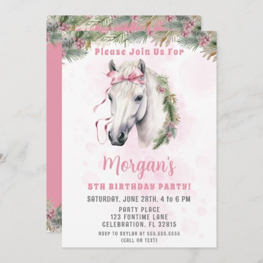 ピンクホースガールバースデーパーティー 招待状 (正面/裏面)