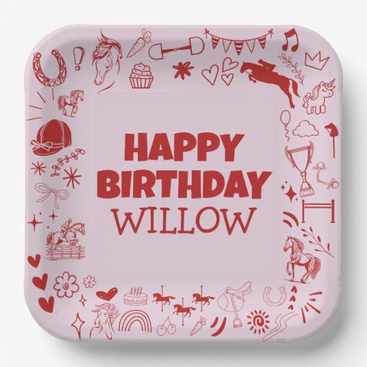 ピンクホースユニークガールジュエストリアンポニー誕生日 ペーパープレート (正面)