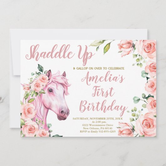 ピンクホース誕生日パーティー、女の子誕生日 招待状 (正面)