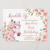 ピンクホース誕生日パーティー、女の子誕生日 招待状 (正面/裏面)