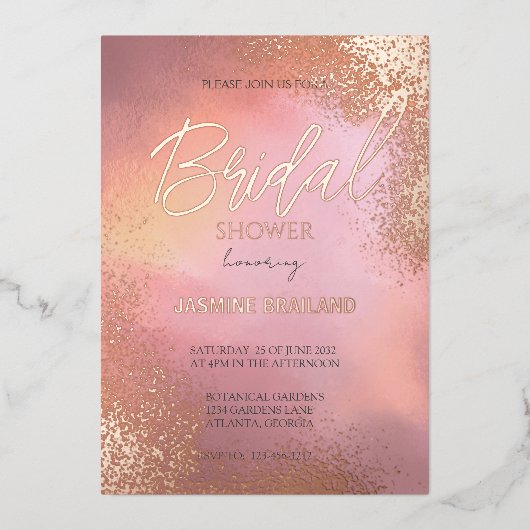 ピンクホームブルコズミックウォッシュブライダルシャワースパークル 箔招待状 (正面)