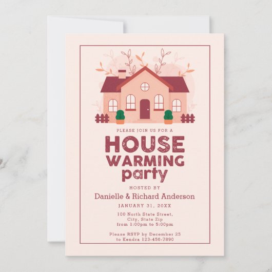 ピンクホームモダン引っ越し祝いパーティーパーティー 招待状 (正面)