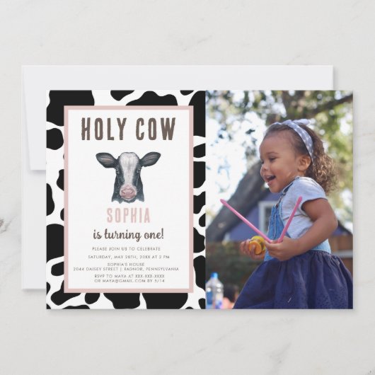 ピンクホーリーカウイワンワン誕生日招待状 招待状 (正面)
