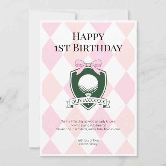 ピンクホールインワンガールゴルフハッピーファーストバースデー カード (正面)