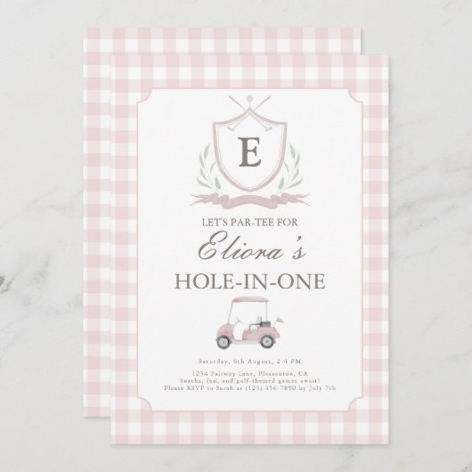 ピンクホールインワンギンガム誕生日招待状 招待状 (正面/裏面)