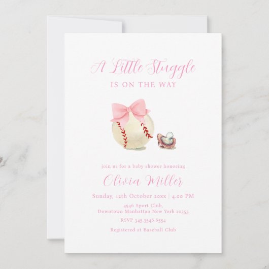 ピンクボウおしゃぶり野球スポーツガールベビーシャワー 招待状 (正面)