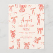 ピンクボウお洒落ガールバジェット誕生日招待状 (正面)