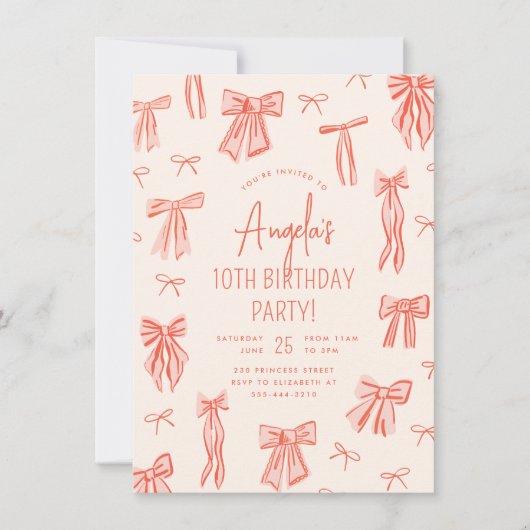 ピンクボウお洒落ガール誕生日 招待状 (正面)