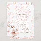 ピンクボウお洒落ソフバニー誕生日 招待状 (正面/裏面)