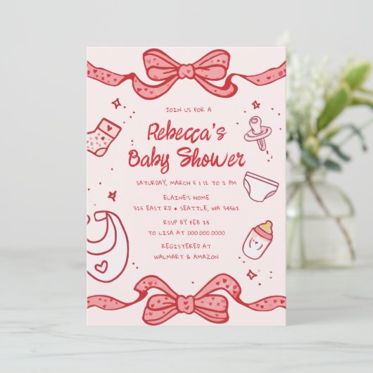 ピンクボウお洒落ハンドドロードガールベビーブランチ 招待状 (スタンド正面)